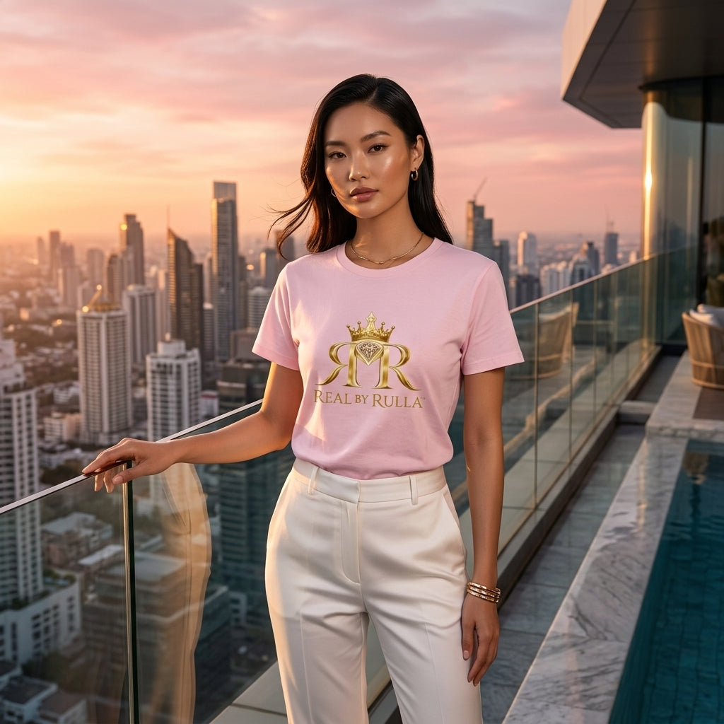 East Asian model wearing Real by Rulla Pink Tee on a rooftop sunset