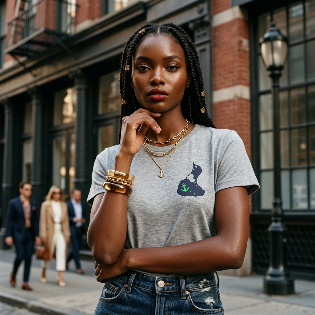 Black model wearing RI Map Tee in Soho