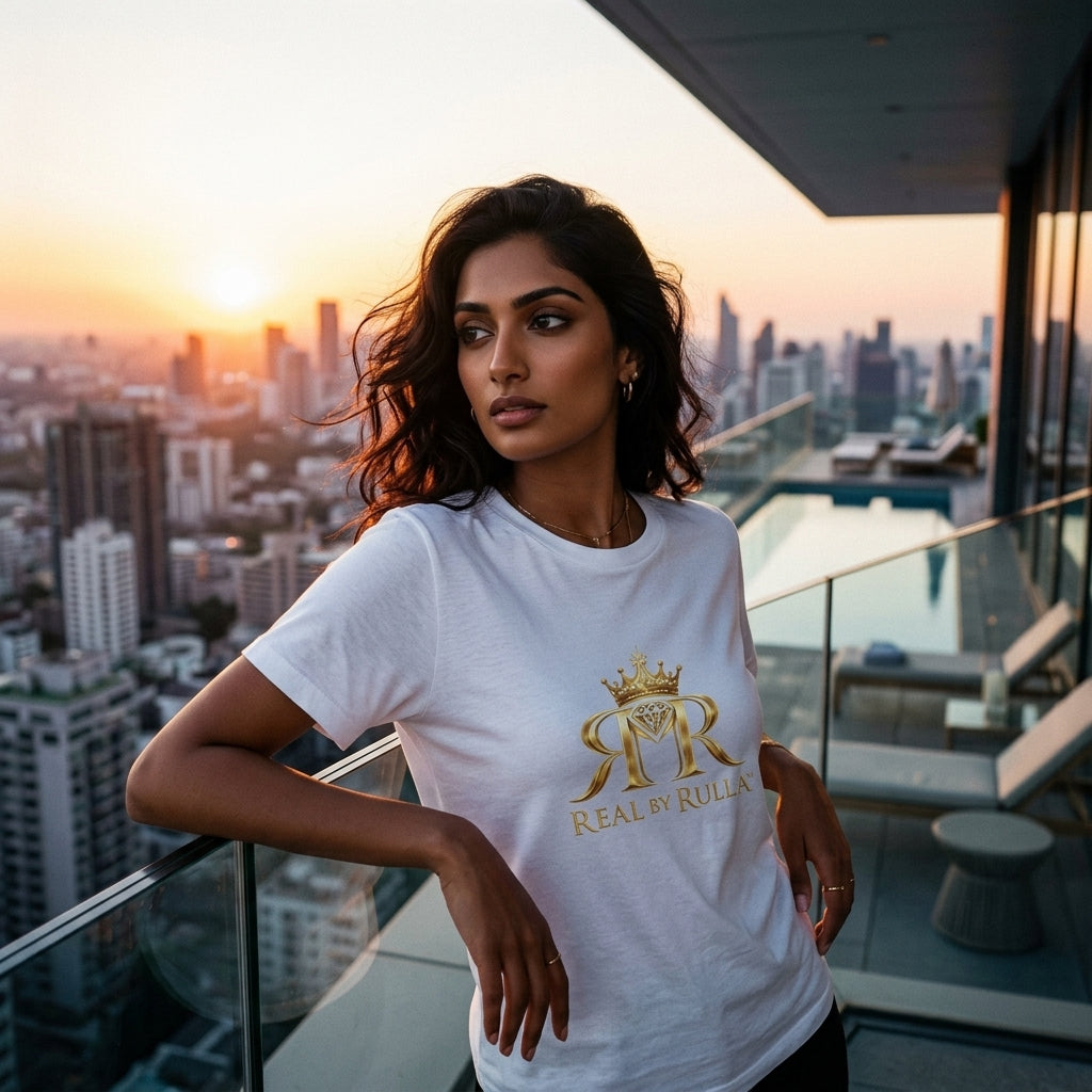 South Asian model wearing Real by Rulla White Tee on a rooftop sunset