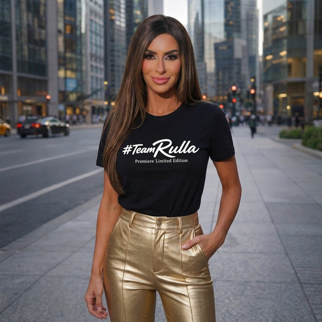 Rulla wearing Team Rulla Tee # with gold pants